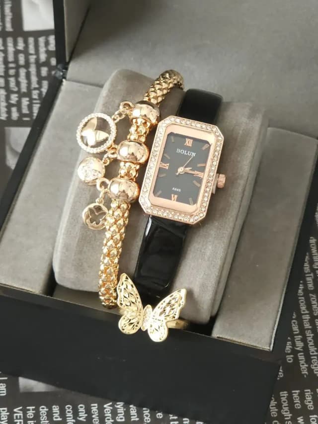 ست ساعت بند چرم و دستبند (صفحه مستطیلی)