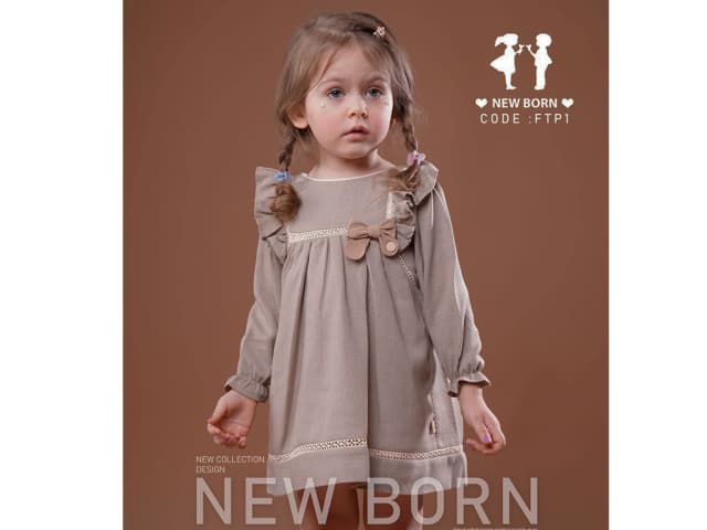 پیراهن آستین بلند نوزاد و کودک دخترانه رنگ نسکافه ای