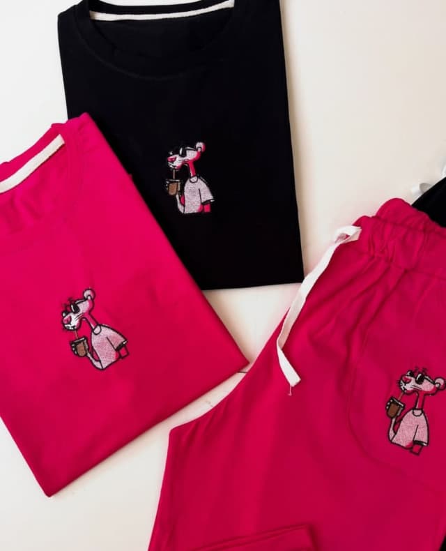 ست تیشرت و شلوارک نخ پنبه فوق نرم و راحت پلنگ صورتی 