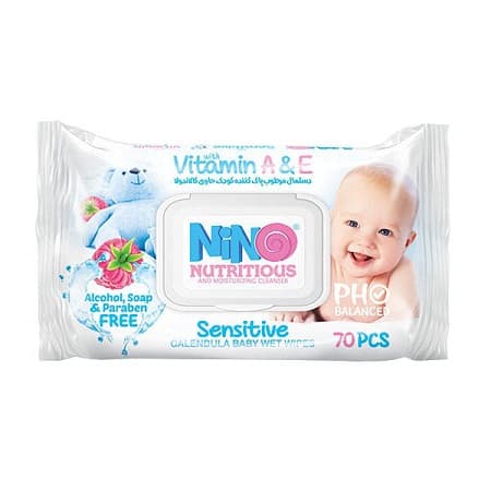 دستمال مرطوب کودک حاوی کالاندولا 70 برگي ميوه ای درب دار نینو