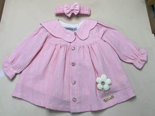 پیراهن آستین بلند دخترانه رنگ صورتی همراه هدبند طرح گل برجسته