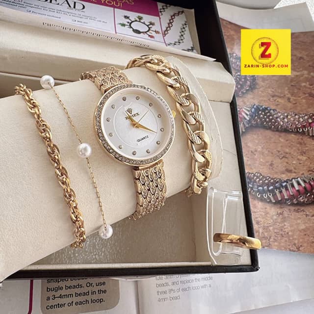 ست ساعت نگینی رولکس زنانه و سه دستنبند و انگشتر