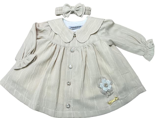 پیراهن آستین بلند دخترانه رنگ کرم همراه هدبند طرح گل برجسته