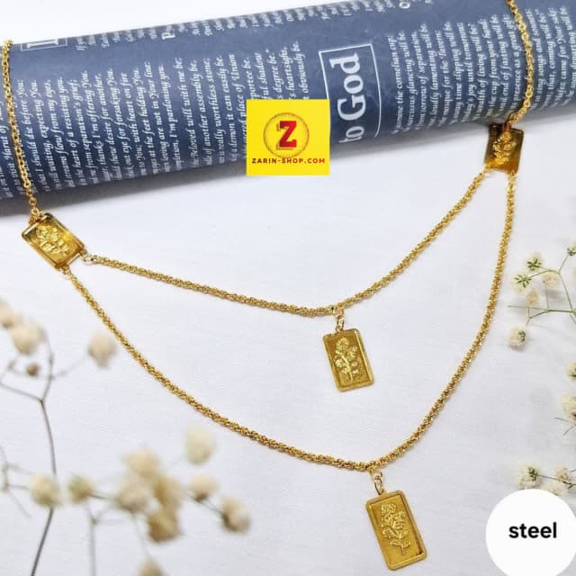 گردنبند دولاینه استیل طلایی زنانه کد۴۲۱