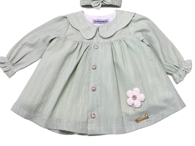 پیراهن آستین بلند دخترانه رنگ سبز همراه هدبند طرح گل برجسته